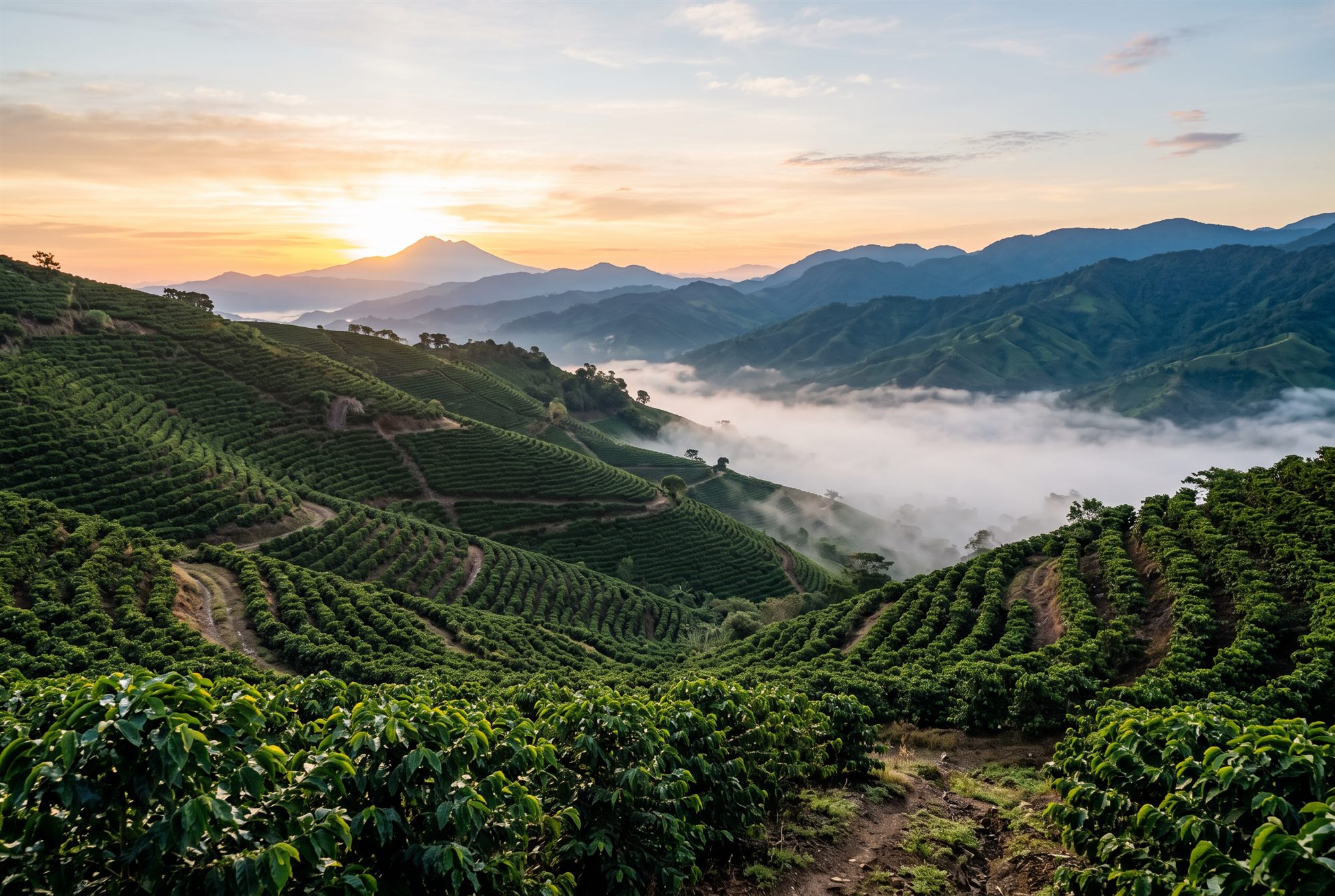 Cafetal en ladera de montaña con niebla al amanecer