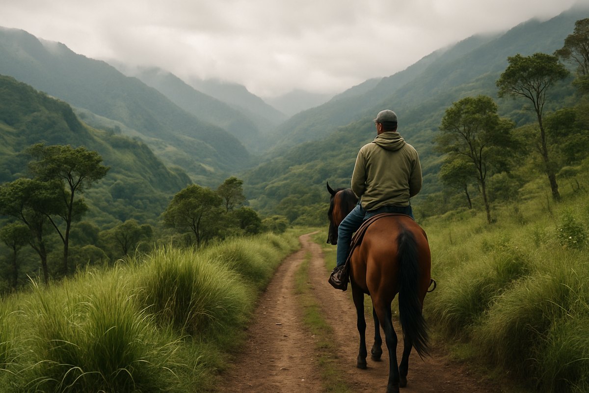 Jinete recorriendo a caballo un camino de montaña entre niebla y vegetación