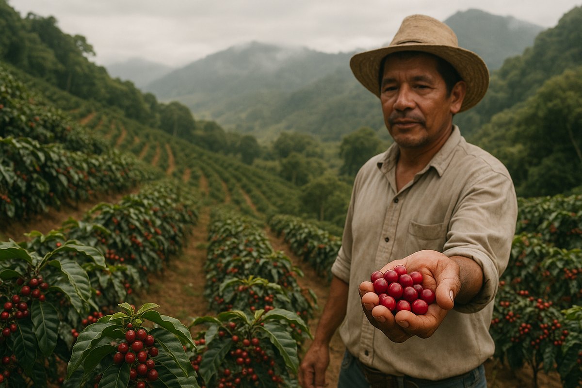 Caficultor mostrando granos de café recién cosechados en una finca de las montañas de Boquete