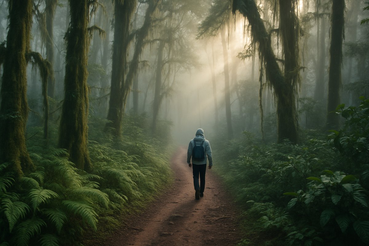 Senderista caminando por un sendero del bosque nuboso entre helechos y neblina