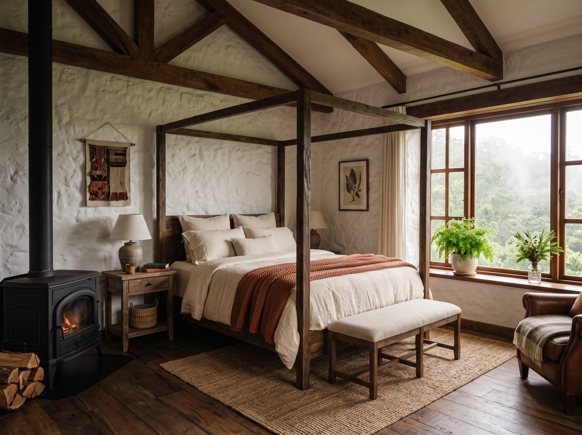 Interior de una habitación con cama con dosel y chimenea de leña